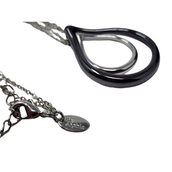 Lia Sophia Double Chain Necklace w/ Tear Drop Pendant - Black and Silver 16-19" - Picture 4 of 8
